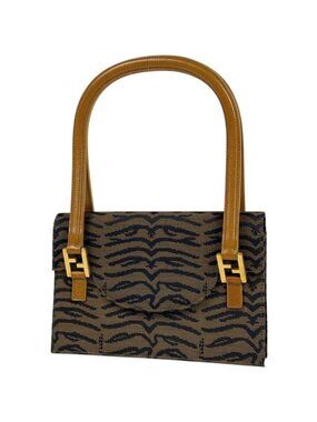 Fendi Zucca Logo Handbag Zebra Pattern Canvas Brown